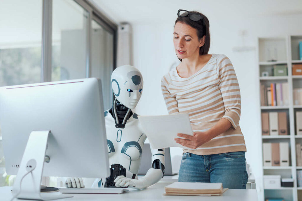 woman showing job resume to ai robot